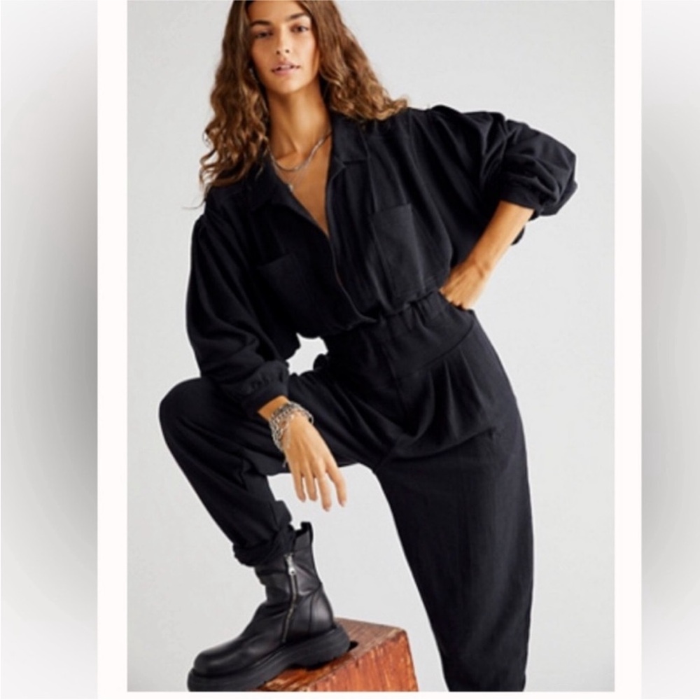 Free People Beach Faye Black Long Sleeve Jumpsuit